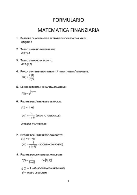 Formulario Per Dsa Mat Fin 2018 Formulario Matematica Finanziaria 1