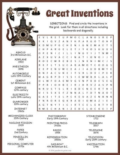 Great Inventions Word Search For History Or Science Class Includes The