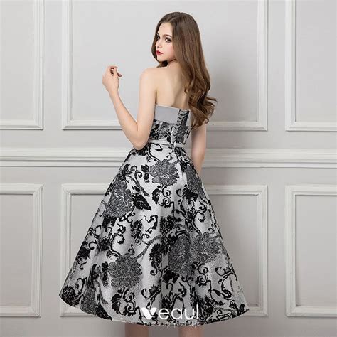 Chic Beautiful Silver Black Jacquard Prom Dresses 2019 A Line