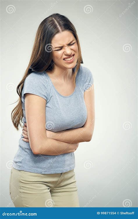 Woman With Stomach Pain Touching Tummy Stock Photo Image Of Female
