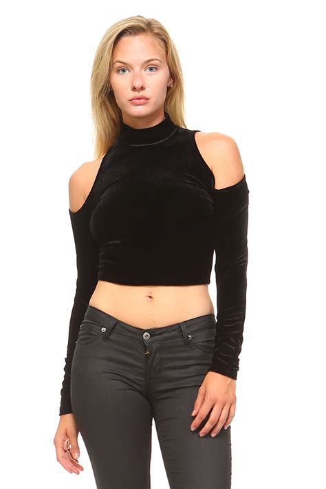 Exclusive Women S Long Sleeve High Neck Cut Out Crop Top Black Large Walmart Com