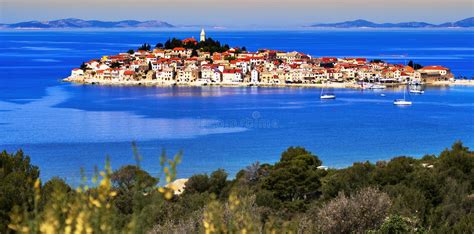 View Of An Island With A Village In The Croatian Adriatic Sea In Istria