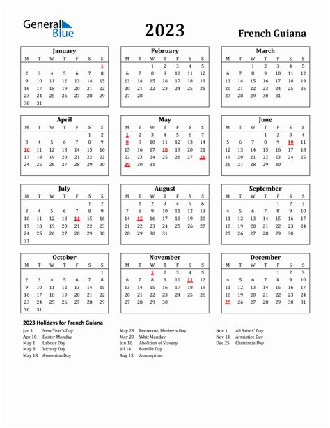 Free Printable 2023 French Guiana Holiday Calendar