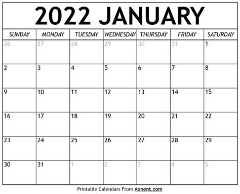 Printable January 2022 Calendar Template Print Now