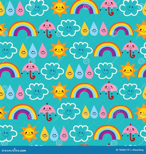 Cute Sun Umbrella Raindrop Clouds Rainbow Seamless Pattern Stock Vector