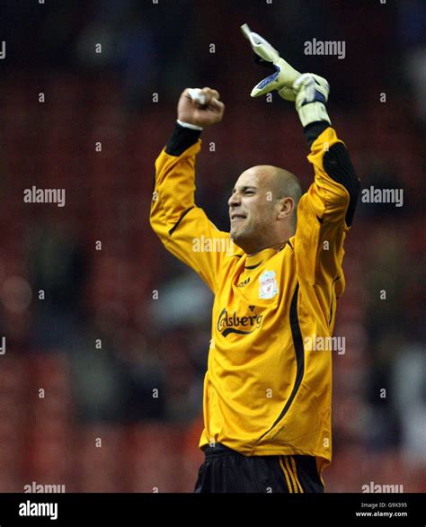 liverpool goalkeeper jose reina celebrates after they won the penalty shoot out during the uefa