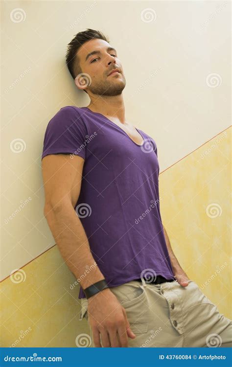 Handsome Young Man Standing Against Wall Stock Photo Image Of Adult