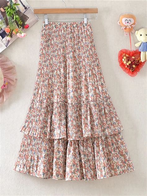 TIGENA Floral Print Chiffon Midi Long Skirt Women 2023 Summer Cute