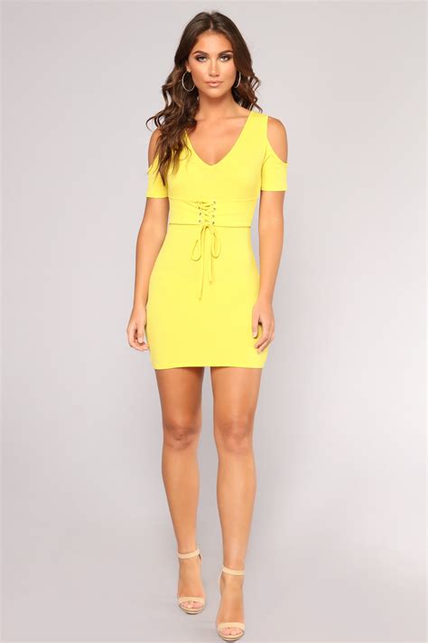 Shes Tight Cold Shoulder Dress Yellow