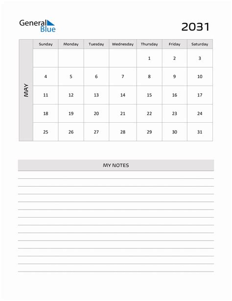 May 2031 Printable Monthly Calendar With Notes