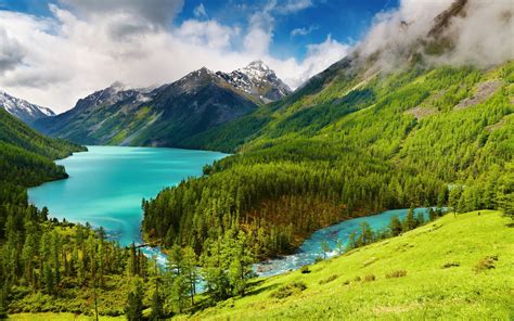 Beautiful Nature Scenery Green Trees Lake River Mountains Clouds