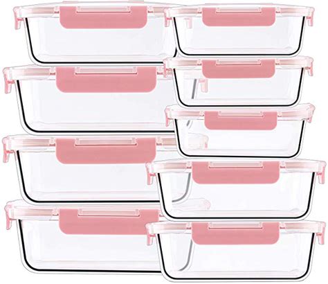 9 Pack Pink Glass Food Containers For Meal Prep Three