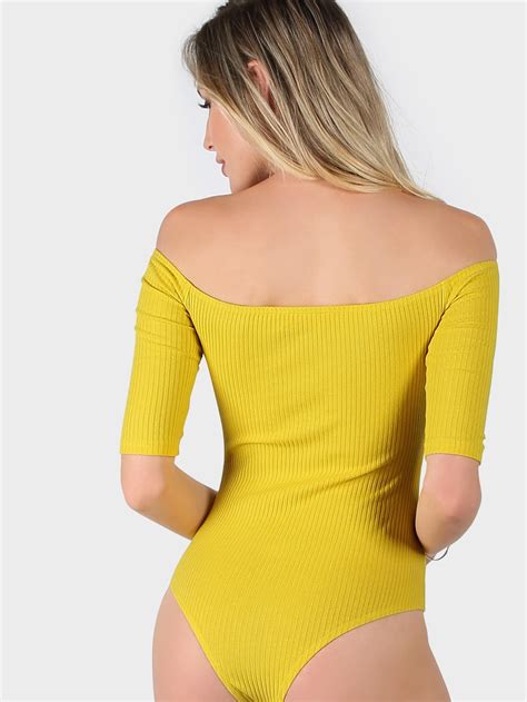Yellow Off The Shoulder Half Sleeve Bodysuit EmmaCloth-Women Fast