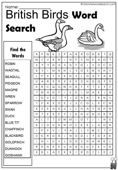 Cool British Birds Word Search Fun Activities To Do Kids Word Search