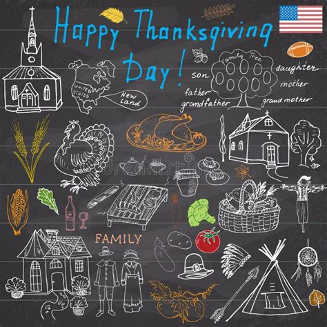 Thanksgiving Doodles Set Traditional Symbols Sketch Collection Food