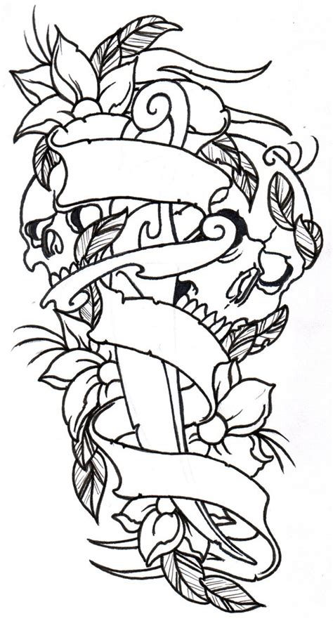 Dagger Skulls Flowers Outline Tattoo Outline Tattoo Stencil Outline