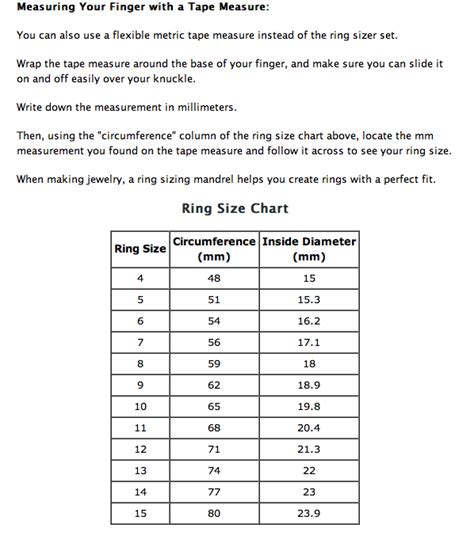 Ring Size Chart Using Tape Measure