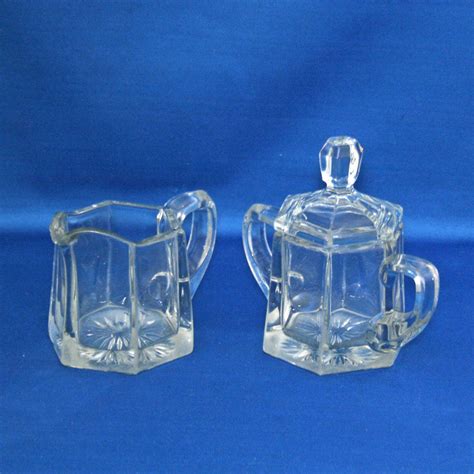 Antique Heisey Glass Creamer And Lidded Sugar Bowl Set 6 Hexagon Flat Panel Diamond H 1910 To