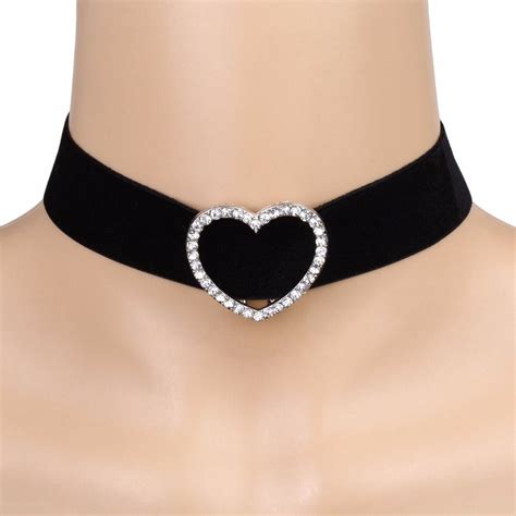 Black Velvet And Rhinestone Heart Choker Necklace Jewelry Necklaces