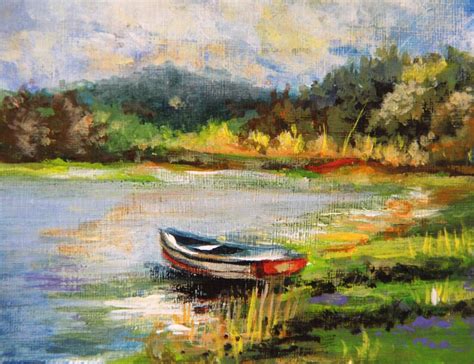 Landscape Painting The Boat On The Lake Original Acrylic Etsy Canada