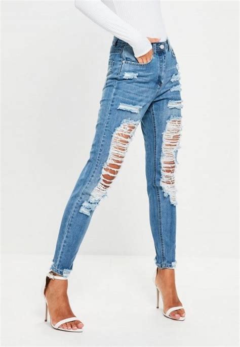 Missguided Blue Riot High Rise Ripped Mom Jeans