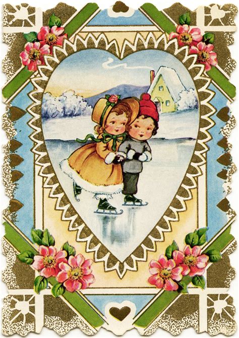 The first card is a beautiful drawing of a lady wearing an over. Girl and Boy Skating Valentine (With images) | Vintage ...
