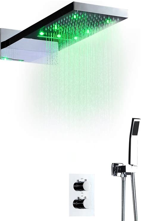 Dcan Thermostatic Shower System Ceiling Shower Set 2 Function Led Rainfall Shower Head Bathroom