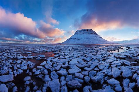 Iceland Snaefellsnes Peninsula And Famous Kirkjufell In Winter Sunrise