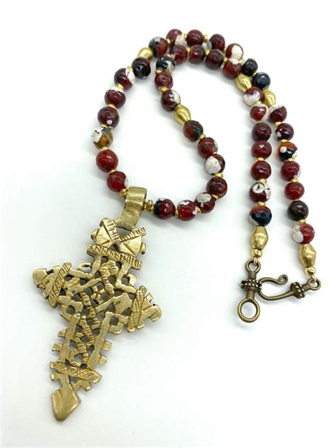 Axum Cross And Red Agate Bead Necklace