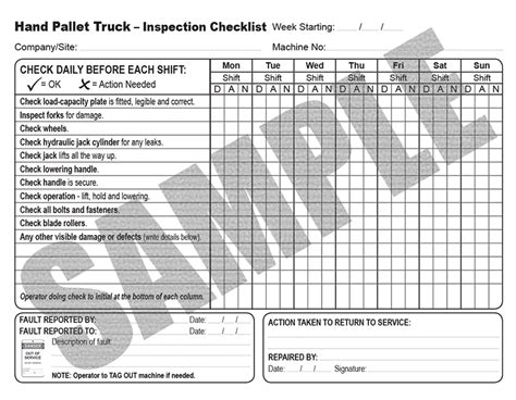 Pre Start Daily Inspection Checklist For Hand Pallet Forklift Trucks