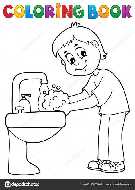 Coloring Book Boy Washing Hands Theme Eps10 Vector Illustration Stock