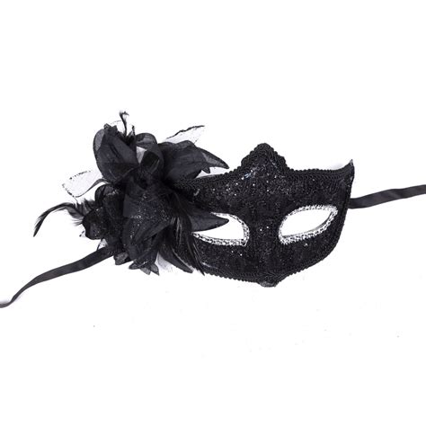 Black Deluxe Fancy Dress Masquerade Lace Mask With Sequins And Flowers