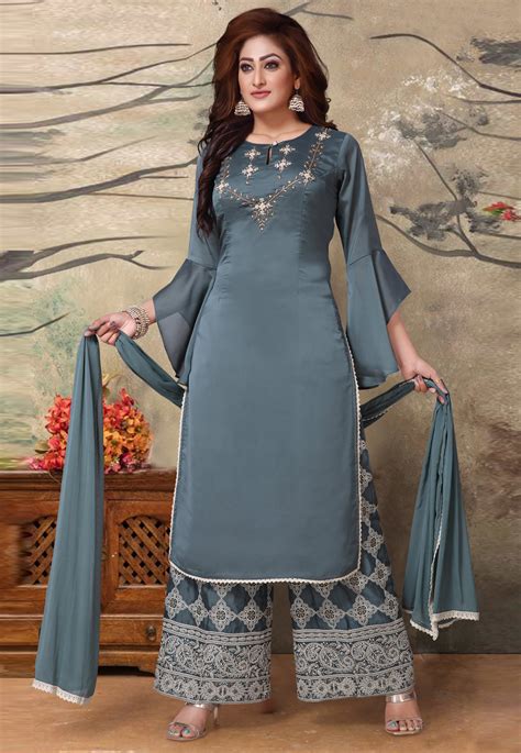 Buy Gray Satin Readymade Palazzo Suit 192645 Online At Lowest Price From Huge Collection Of