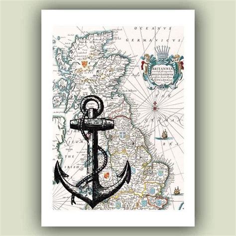 anchor print nautical print sailing poster antique map britannia beach cottage decor wall