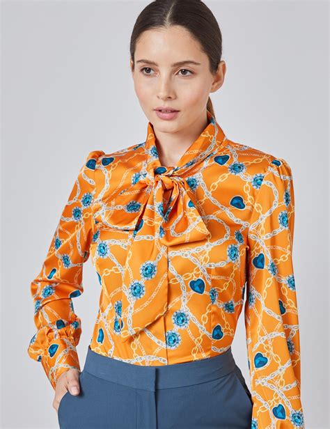 Womens Orange And Gold Floral Fitted Satin Blouse Single Cuff Pussy