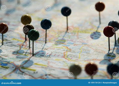 Closeup Of Pins On The Map Stock Photo Image Of Place 109176124