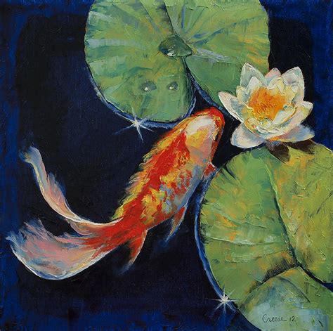 Koi And White Lily Painting By Michael Creese