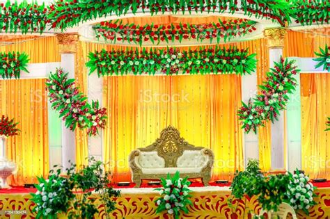 Indian Wedding Ceremony Stage Decoration With Lighting And Flower Stock ...