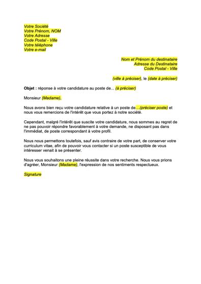 Lettre De Refus D Une Candidature Format Word PDF