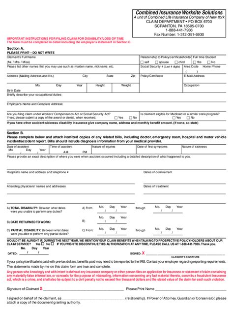 Printable Claim Forms From Combined Insurance Printable Forms Free Online