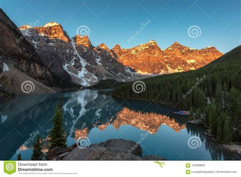 Rocky Mountains At Sunrise Moraine Lake In Banff National Park Of