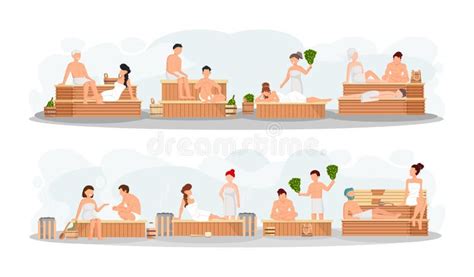 Sauna And Steam Room Set Of People In Sauna People Relax And Steam With Birch Brooms In Banya