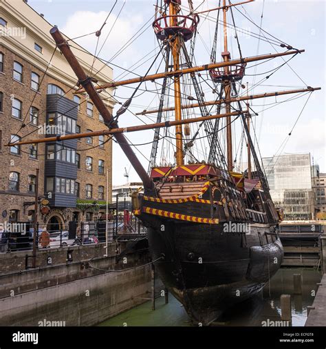 A Replica Of The Golden Hinde Galleon Docked At Pickfords Wharf In