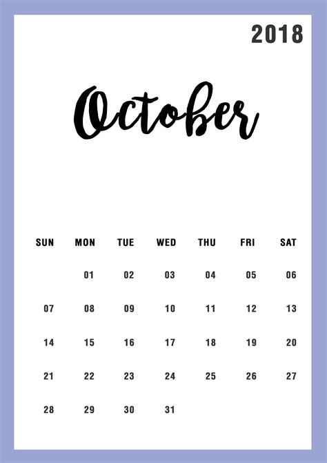 October 2018 Calendar Design Calendar Design Calendar Minimalist