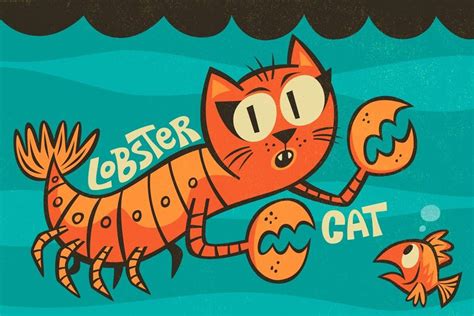 Action Art By Jon Kelly Green Lobster Cat Retro Illustration Birds