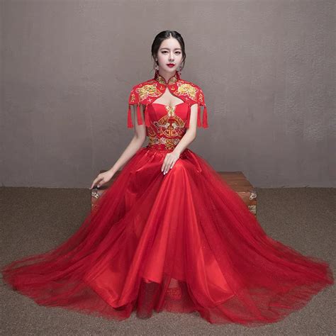 On Sale Women Phoenix Embroidery Bride Modern Chinese Wedding Dress Cheongsam Red 2017 New