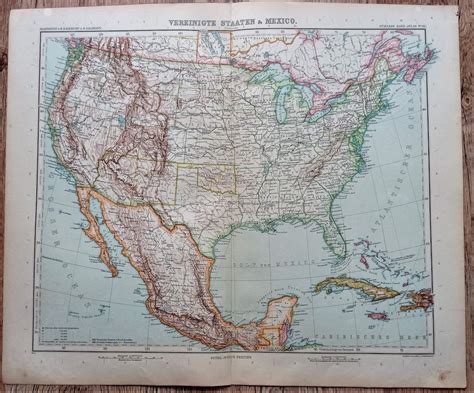 Original Antique Map United States Of America And Mexico Etsy