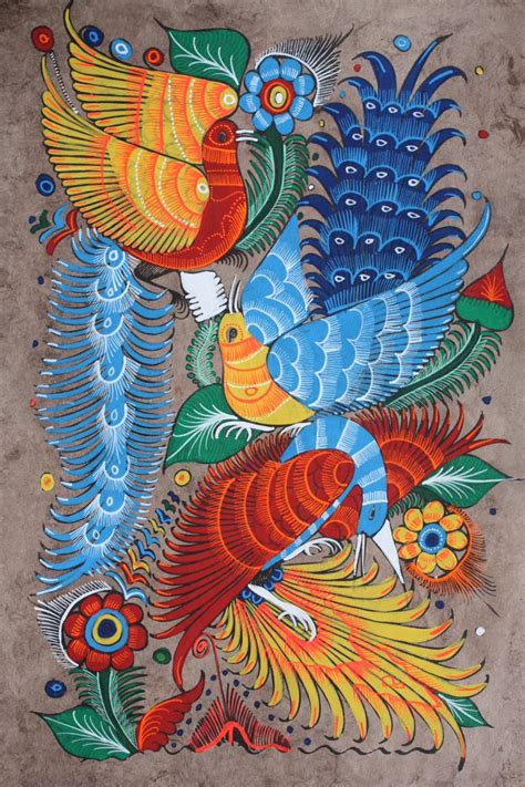 Mexican Painting Of Birds And Flowers Latin Folk Art Craft Home Decor