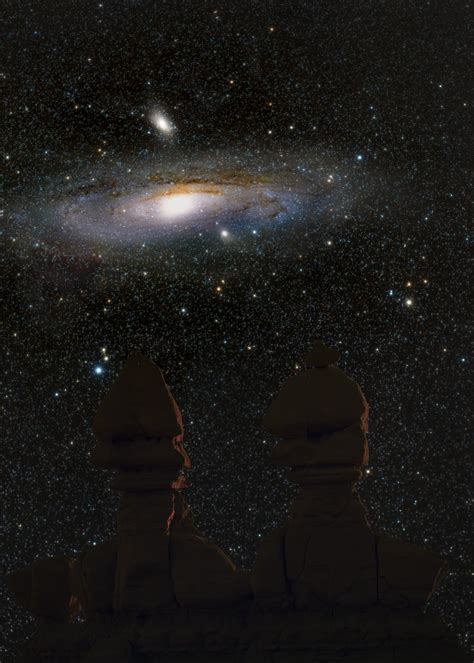 Andromeda Galaxy Rising Over The Three Sisters Hoodoos At Goblin Valley