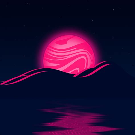 Pink Moon Wallpaper 4k Mountains Illustration Body Of Water Stars